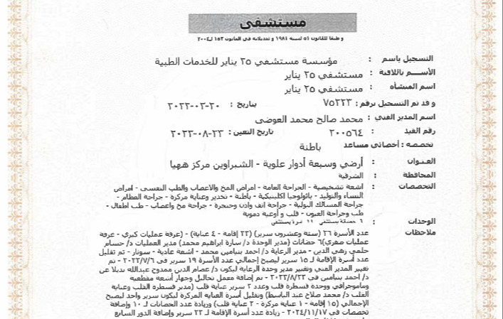 ترخيص النقابة العامة لأطباء مصر - لمستشفى 25 يناير للخدمات الطبية